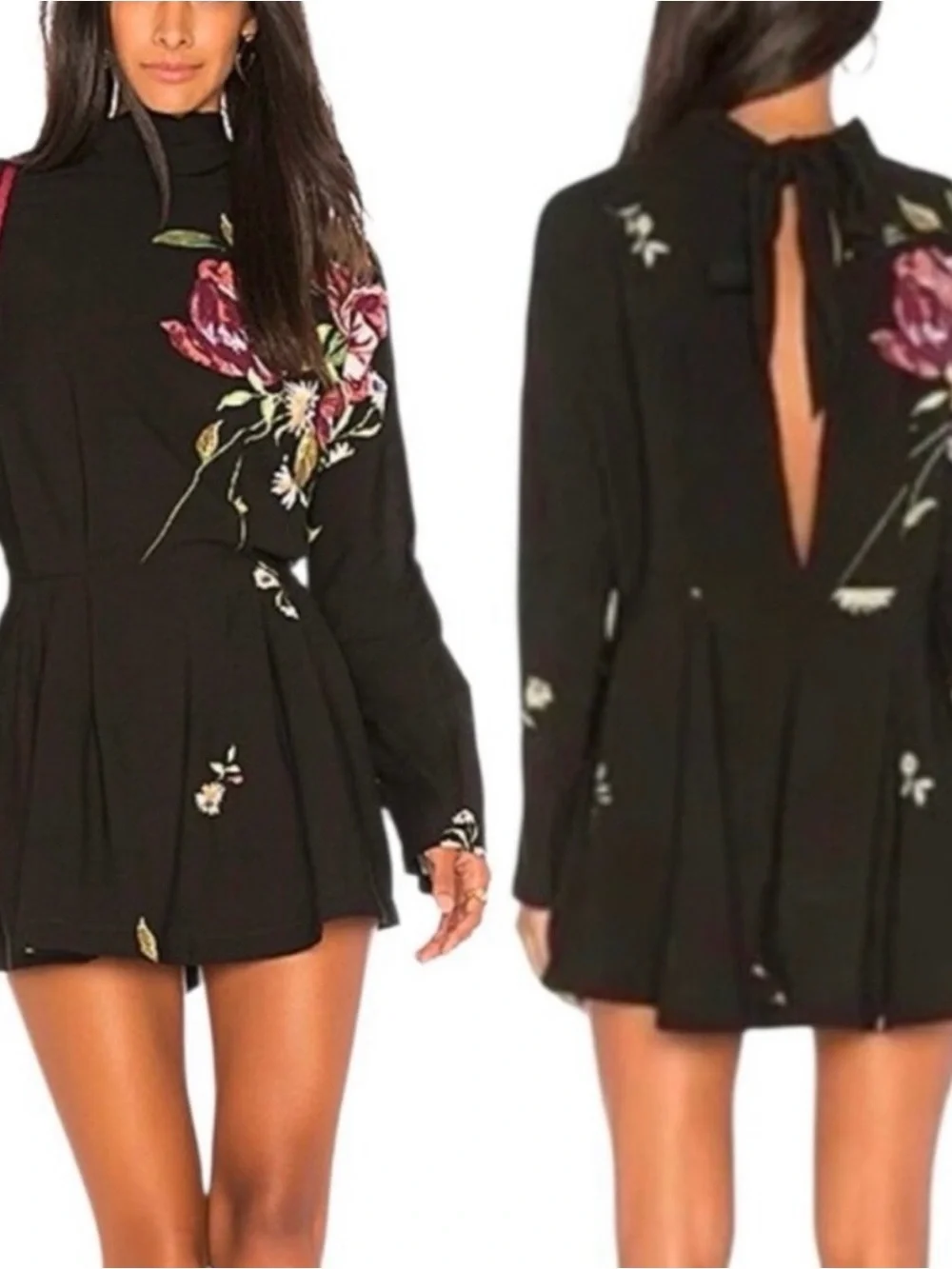 Free People Gemma Tunic Dress Small Black Floral Open Back Mini